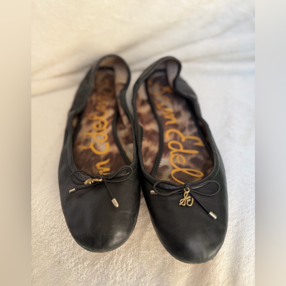 Sam Edelman Black Leather Ballet Flats with Gold Accents